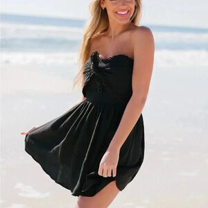 JUDITH MARCH TIE FRONT STRAPLESS A LINE PLEATED ZIP UP MINI DRESS IN BLSCK  M